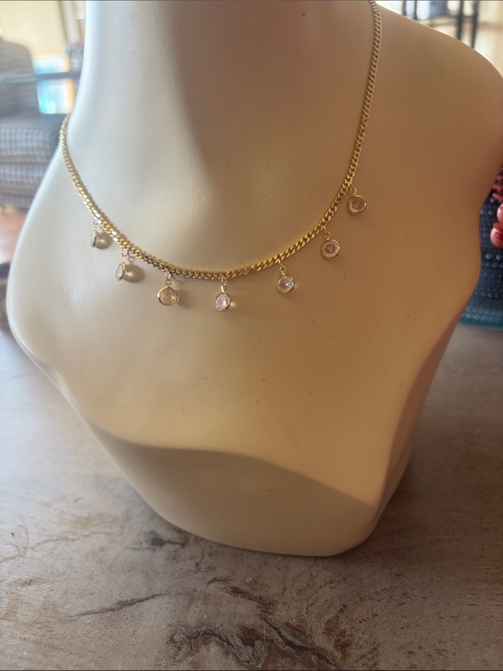 Gold Charm Necklace with Clear Crystal Drops